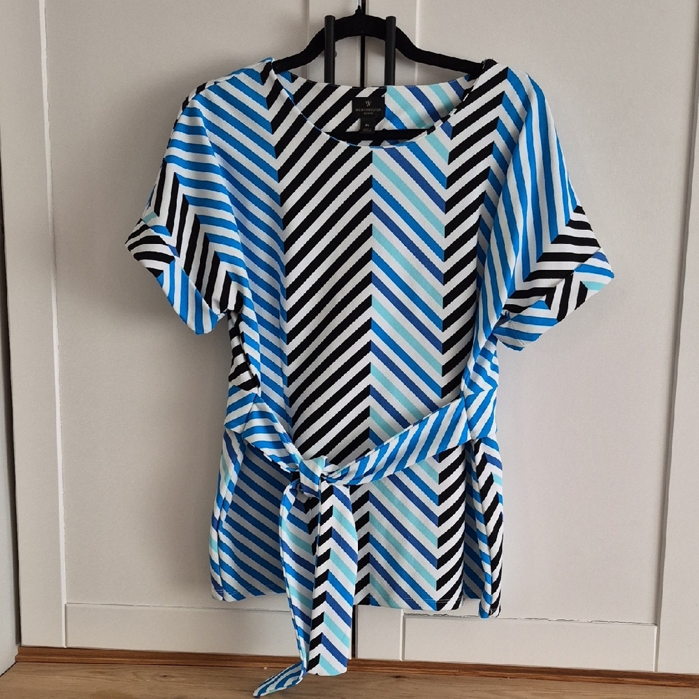 Worthington Blue Black White Striped Tie-Waist Top